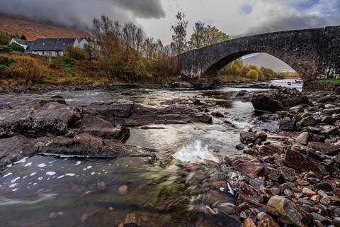 Wild river, rapids, stone bridge, old, houses, autumn, clouds, Bridge of Orchy, Scottish Highlands,