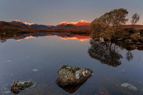 Mountains reflected in lake, morning light, morning mood, still, autumn, snowy, Lochan na