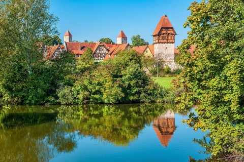 View of the old town with half-timbered houses, towers and town wall, on the right the