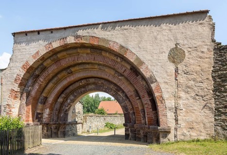 Romanesque portal as historical entrance to Altzella Monastery, Nossen, Saxony, Germany, Europe