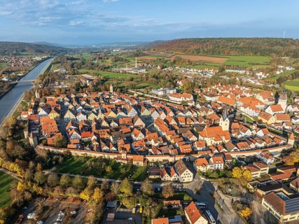 Historic center of village Berching, half-timbered houses, town wall, aerial view, Berching,