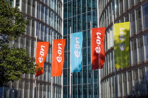 Essen, North Rhine-Westphalia, Germany, E.ON headquarters. e.on company logos on flags in front of