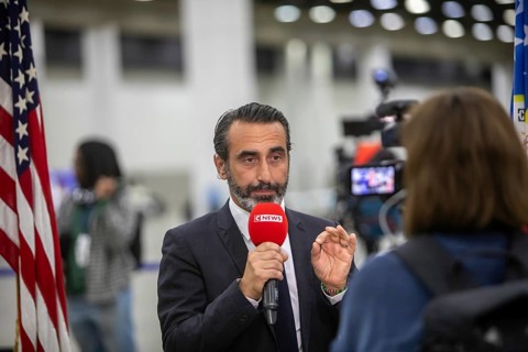 Detroit, Michigan USA, 5 November 2024, A reporter from the French news channel CNews covered the