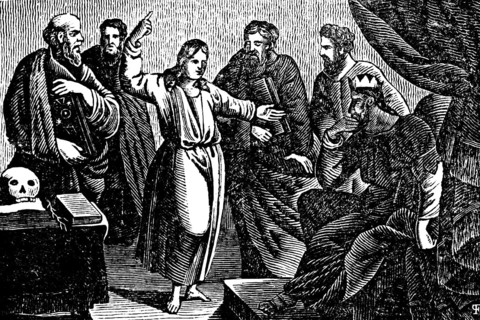 Joseph explaining his dreams to Pharaoh, group of men, skull, throne room, Egypt, Genesis, woodcut,
