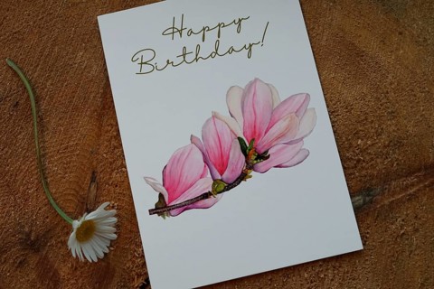 Happy Birthday card with a magnolia branch painted in watercolour, card as product photo for sale