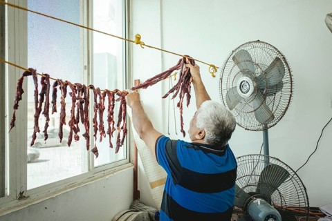 Dried camel meat in the camel restaurant with its own camel butchery on the state road from Salalah