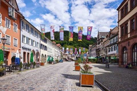 Historic buildings, old town, flower tubs, cobblestones, town festival, flags for the town