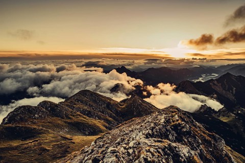 Sunrise hike on the Hochplatte in the Ammergau Alps, Ammergebirge in the Allgäu, Bavaria, Germany,