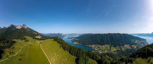 Drone image, Eisenaualm with Schafberg Mondsee and Attersee, Osterhorn group, Salzkammergut,