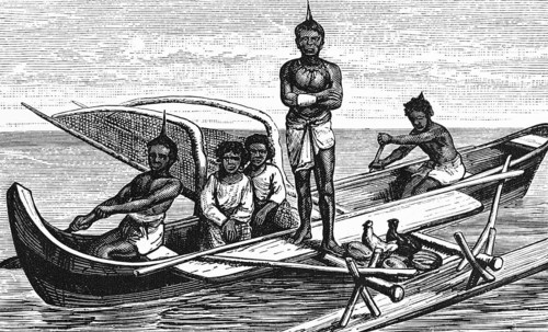 Dugout canoe with boom, building material is a hollowed-out trunk of the breadfruit tree, native