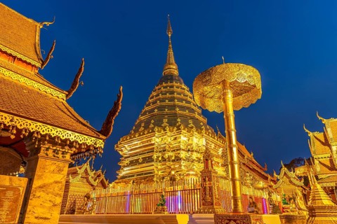 Golden Chedi of the Buddhist temple complex Wat Phra That Doi Suthep, landmark of Chiang Mai at