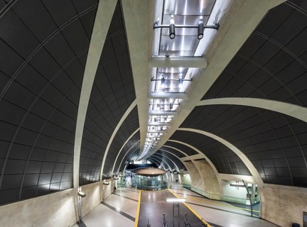 Modern architecture of the Heumarkt light rail station. Kölner Verkehrs-Betriebe AG (KVB) is a