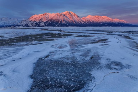 Morning light, clouds, mountains, snowy, winter, ice, Kluane Lake, Kluane Mountains, Yukon, Canada,