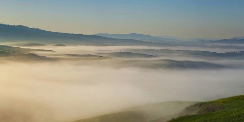 Landscape at sunrise around Volterra, Province of Pisa, Tuscany, Italy, Europe