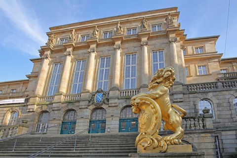 Town hall built in 1909 with golden lion figure, open staircase, historicism, columns, Obere