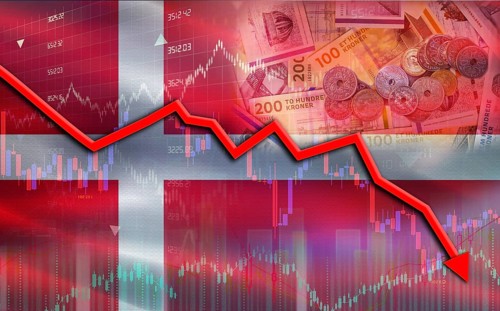 Denmark financial fall on economy market. Denmark financial crisis on economic graph