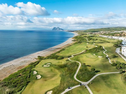 The La Hacienda Links Golf Resort at the Mediterranean Sea with the Rock of Gibraltar (British) in