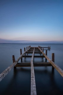View of a partially dismantled jetty at Steinhuder Meer, long exposure, Wilhelmstein, Hagenburg