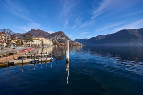 Lake, shore, jetties, Duckdalben, mountain landscape, general architecture, water surface,