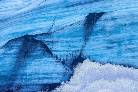 Mýrdalsjökull glacier with layers of black volcanic ash, ice cap on the top of the active Katla