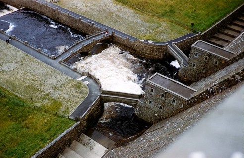 Water outflow from the sluice gates of Claerwen Reservoir, Elan Valley, Powys, Wales, United