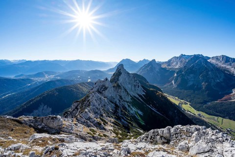 View at the summit of the Große Arnspitze, mountain panorama with Leutasch valley and
