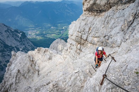Climber on the Alpspitz via ferrata, via ferrata in the Wetterstein mountains, Bavaria, Germany,