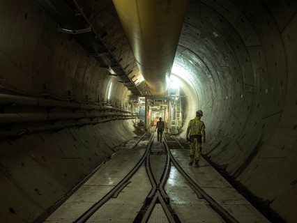 Workers in a tunnel section, construction lot H53 in the Brenner Base Tunnel, Tyrol, Austria,