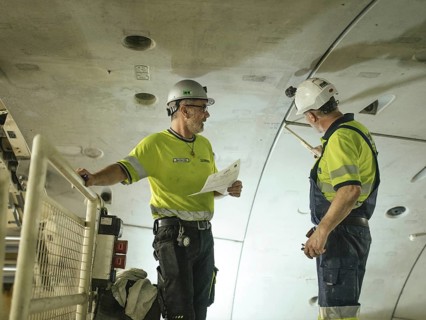 Workers on the Wilma double-shield tunnel boring machine, construction lot H53 in the Brenner Base