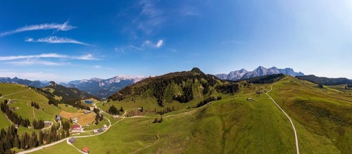 Drone shot, Hochalm, Loferer Alm with view to the Reiteralpe and Loferer Steinberge, Lofer,
