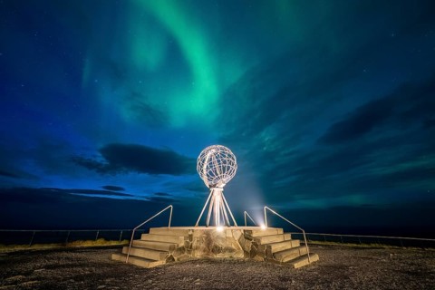 Northern Lights at the North Cape with steel globe, Nordkapp, Finnmark, Norway, Europe