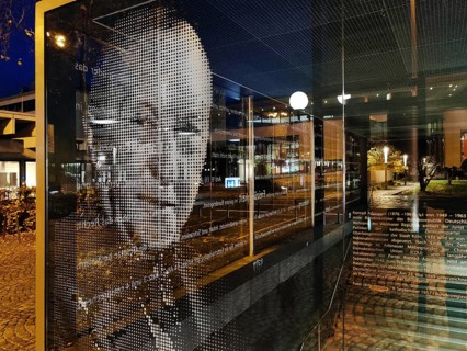 Portrait of Konrad Adenauer on the glass pane at the underground exit Heussallee and Museumsmeile,