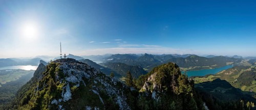 Drone shot, summit cross on the Schober with a view of Mondsee and Fuschlsee, Osterhorn group,