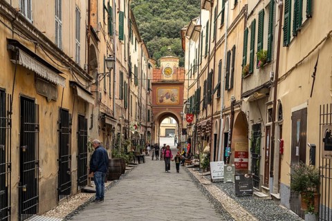 Old town and town gate Porta Testa in Finalborgo, Finale Ligure, Riviera di Ponente, Liguria,