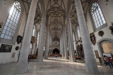 Interior with organ loft of the late Gothic church of St George, built between 1427 and 1505,