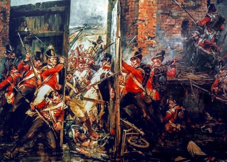 Closing the Gates of Hougoumont, 1903 painting about the 1815 Battle of Waterloo by the Scottish