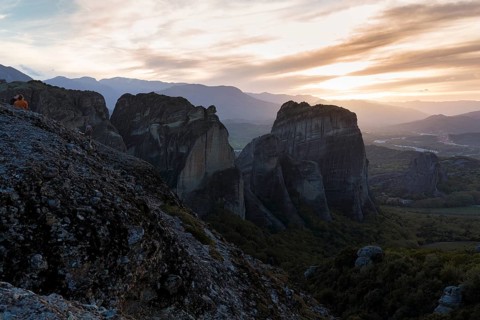 Sandstone formations at dusk, backlight, Meteora, Thessaly, Greece, Europe