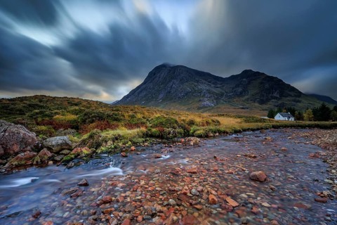 Wild river, cloudy mood, hut, cottage, long exposure, autumn, mountains, Lagangarbh Cottage,