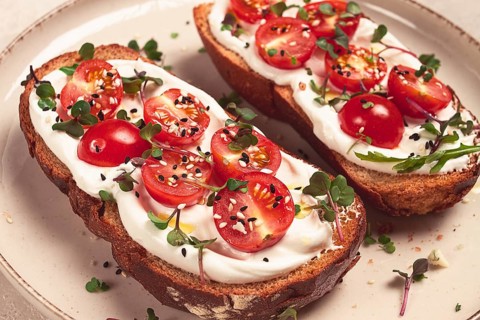 Sandwiches with cream cheese and cherry tomatoes, breakfast, homemade