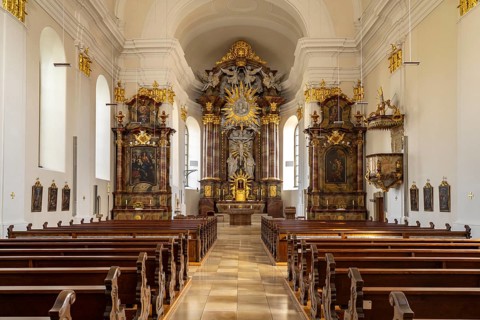 Interior of the Catholic parish church of St Dionysius in Neckarsulm, Baden-Württemberg, Germany,
