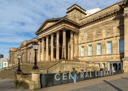 Portico entrance Neoclassical architecture of World Museum, Central Library buildings, city centre