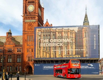 Victoria building clocktower renovation of art gallery, University of Liverpool, England, UK - red