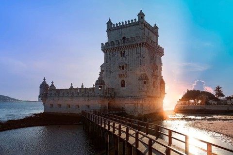 Portugal, Lisbon, Belem Tower at sunset on the bank of the Tagus River, Europe