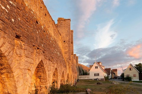 Historic city wall and houses in the evening light, Hanseatic city of Visby, UNESCO World Heritage