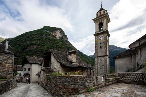 Typical Ticino stone houses and church in the village of Sonogno, Verzasca Valley, Valle Verzasca,