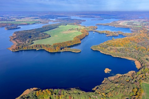 Aerial view over lake Schaalsee at Biosphärenreservat Schaalsee in autumn, fall,