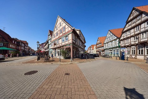 Half-timbered houses, city centre, blue cloudless sky, intersection Kleiner Plan with Am Heiligen