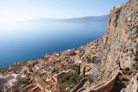 Byzantine castle town of Monemvasia, Monemvassia, Monemwassia, Monembasia, in the Myrtoan Sea,
