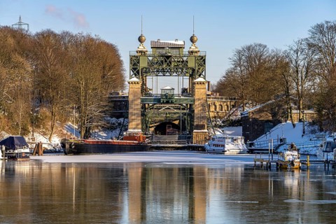 The old Henrichenburg boat lift on the Dortmund-Ems Canal in Waltrop, North Rhine-Westphalia,