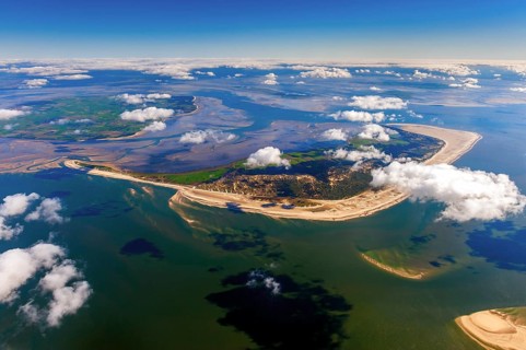 Amrum and Föhr islands in the Wadden Sea from a height of 3000 metres Aerial view